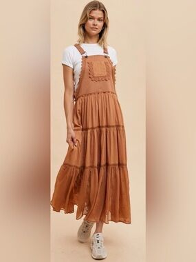 In Loom Burnt Orange Overall Crochet Lace Tiered Cottage Dress - Size L
